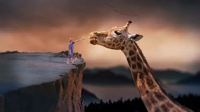 Why do we dream? A boy feeding a giraffe in a dream world